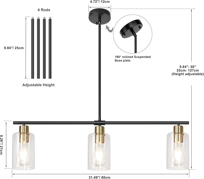 Kitchen Island Lighting, 3 Lights Linear Farmhouse Chandelier, Black and Gold Dining Room Light Fixture with Glass Shades, Modern Industrial Pendant Lights