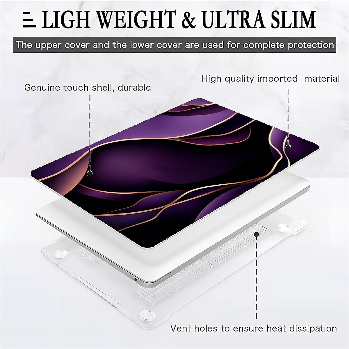 Compatible with MacBook Air 13.3 13.6 Inch Case 2022 2021 2020 2019 Plastic Hard Shell Case Cover,13.6 Air (A2681) M2 2022, Purple and Gold Color Line