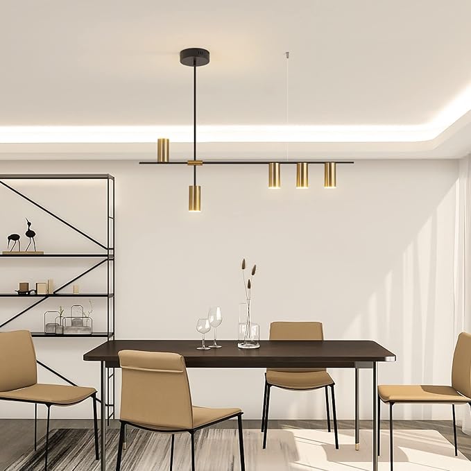 Siittoo Pendant Light Fixtures, Dimmable Modern LED Chandelier Lighting with Spotlights, Adjustable Linear Hanging Pendant Light for Kitchen Island Dining Room Living Room (Black,Gold 30W)