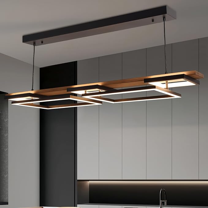 Vintage Wood LED Kitchen Island Light, 65W Stepless CCT Adjustable & Dimmable 47'' 2-Layer Wood Pendant Light Fixture with Remote, Ceiling Mounted Hanging Lamp for Dining Room, Bedroom，Black