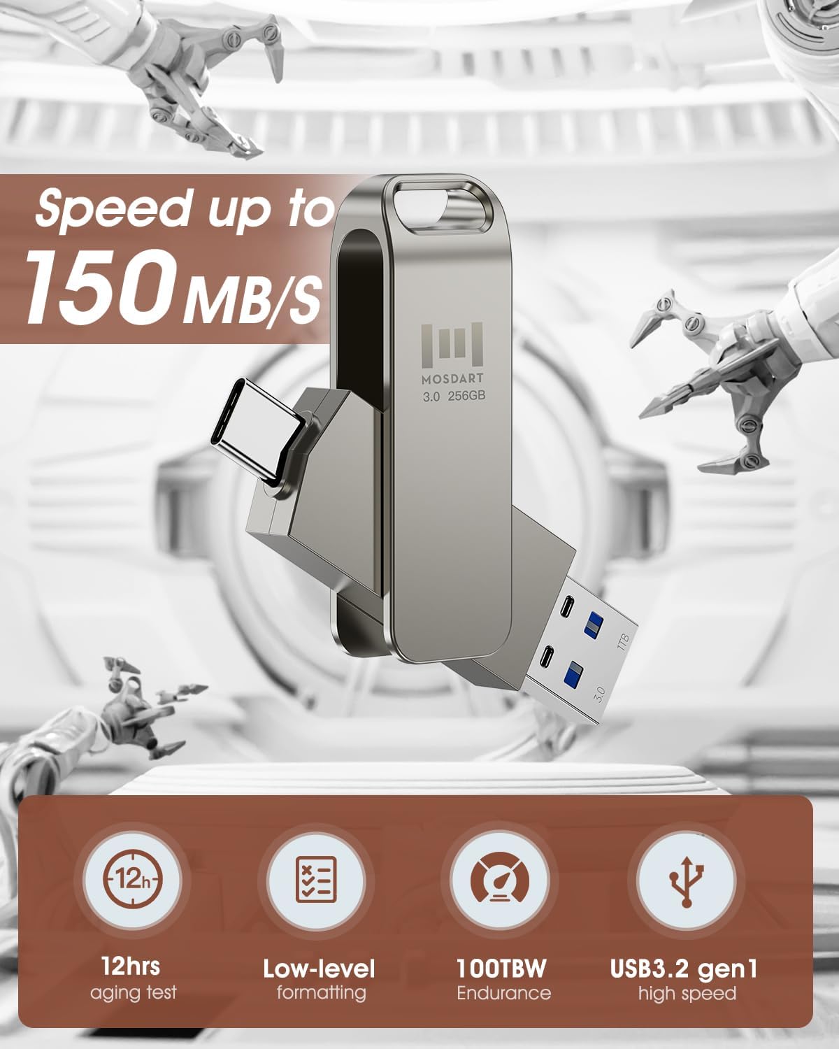 MOSDART 256GB USB3.1 Fast Speed C and A Dual Flash Drive, exFAT Memory Stick with Keychain Loop, for iPhone 15 and 16, Android Phone, iPad, MacBook, Silver