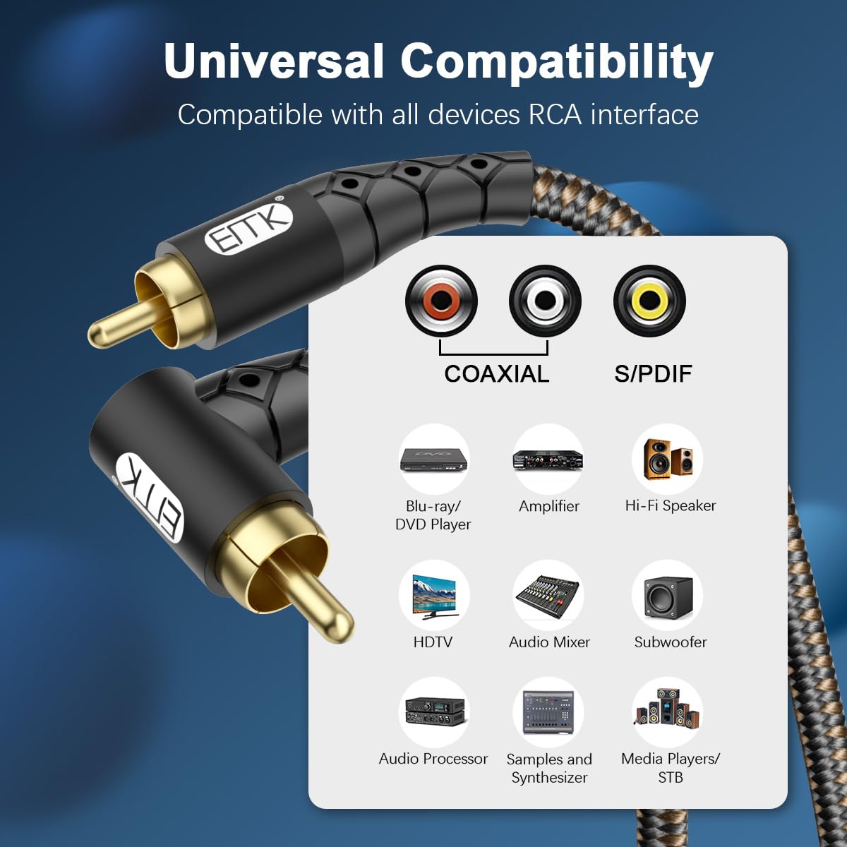 EMK 90 Degree RCA Subwoofer Cable 24K Gold-Plated Connector Nylon Braided Double Shielded – Support Digital & Analog Signals for Amplifier, Home Theater, Hi-Fi System,Subwoofer Black/30ft/10m