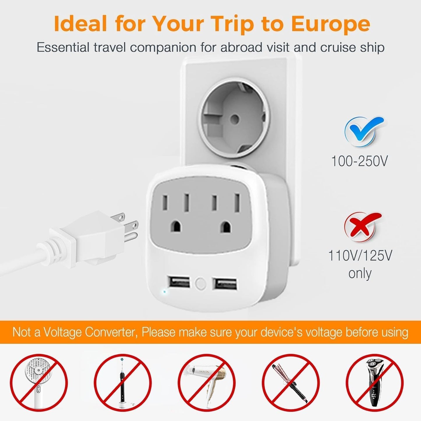 TESSAN European Travel Plug Adapter 2 Pack, US to Europe Power Adaptor with 2 USB 2 AC Outlets, International Charger USA to Most of EU Italy Iceland Spain France Greece Germany (Type C)
