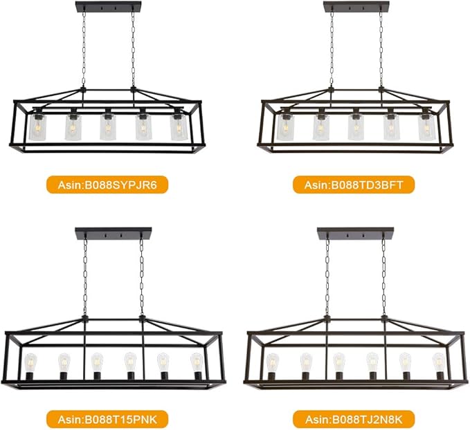 BONLICHT Kitchen Island Lighting 5 Light Modern Farmhouse Metal Cage Chandeliers with Clear Glass Shade Black Industrial Rectangle Dining Room Light Fixture Hanging Pendant Lamp for Foyer Bar Entryway