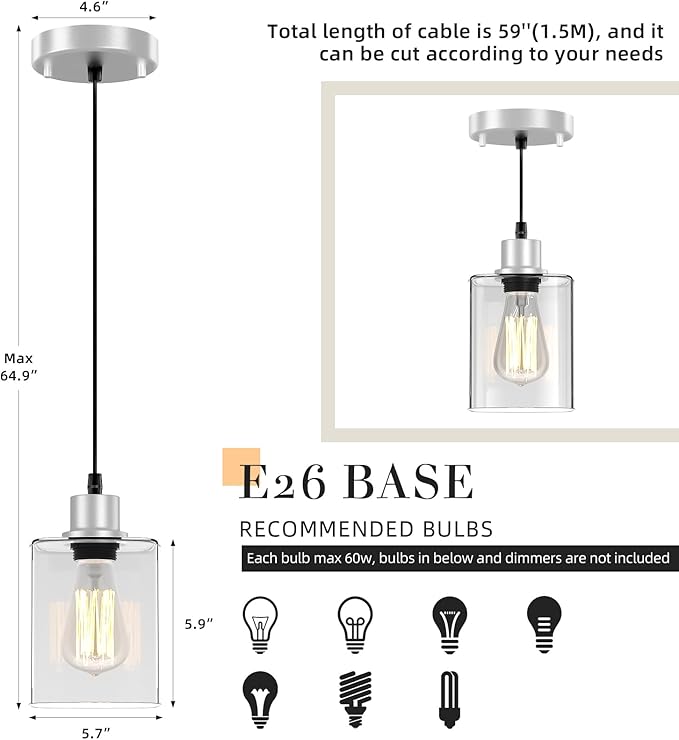Pendant Light Kitchen Island Lighting 2 Pcs, with Bulb & Clear Glass Shade - 59 Inch Hanging Cord Farmhouse Hanging Lighting Fixture for Dining Room Bedroom Hallway - Brushed Nickel