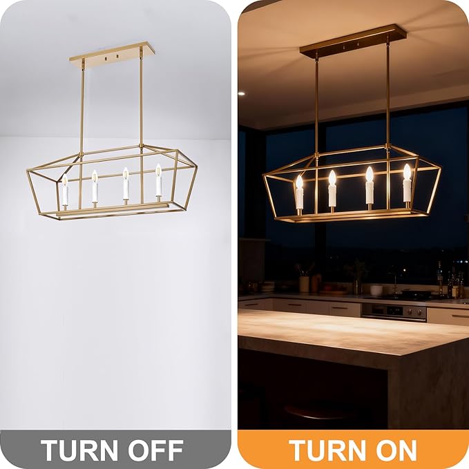 4-Light Gold Kitchen Island Lighting Over Table, Modern Lantern Cage Chandelier Pendant Light Fixture with Height Adjustable, E12 Bulb Base