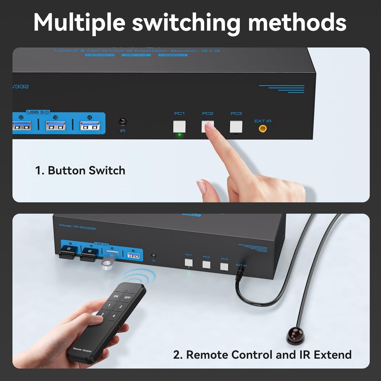 4K144Hz HDMI + 2 Displayport KVM Switch 3 Monitors 3 Computers 8K USB 3.0 KVM Switches Triple Monitor for 3 Computer Share 3 Screens and 4 USB 3.0 Ports Support Extended/Copy Mode