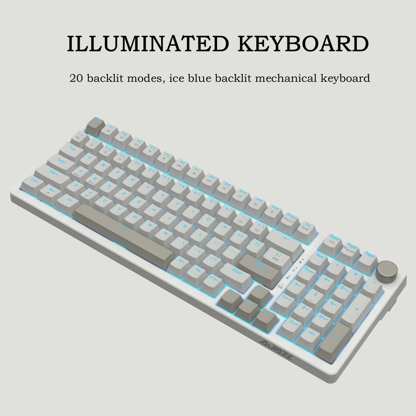 FIRSTBLOOD ONLY GAME. AK992 Retro Wired Mechanical Keyboard, 98 Keys Full Layout, Hot-Swappable USB Gaming Keyboard with Red Switches, Multimedia Keys Knob, Blue Backlit, Anti-Ghosting, Grey
