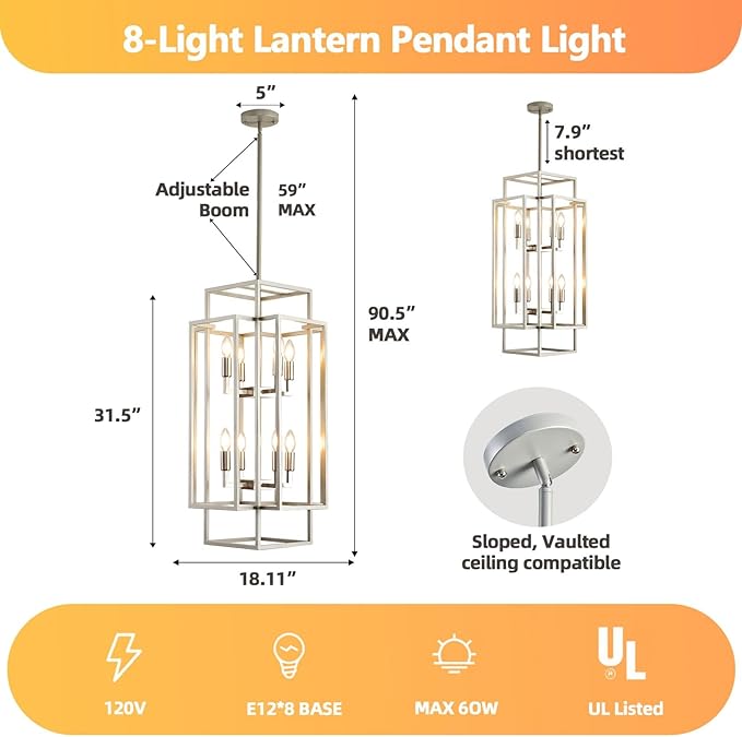 WJShome 31.5" Farmhouse Chandelier, Large Chandeliers for High Ceilings, Modern Foyer Lighting Fixtures, 8-Light Silver Tiered Lantern Pendant Light, for Living Room Staircase Entryway