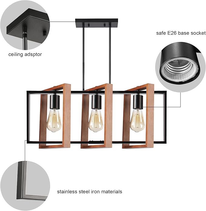 3-Light Island Lights for Kitchen, Rectangular Wood and Black Metal Kitchen Island Chandelier 23.6" Adjustable Rustic Modern Dining Room Light Fixtures Over Table, Chandeliers for Dining Room