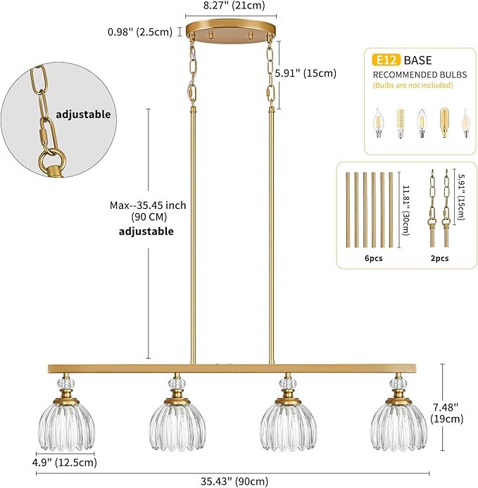 Gold Island Light for Kitchen, 4-Light Linear Chandelier for Kitchen Island with Tulip Glass Shades, Brushed Gold Finish Hanging Light Pendant Fixture Over Dining Table