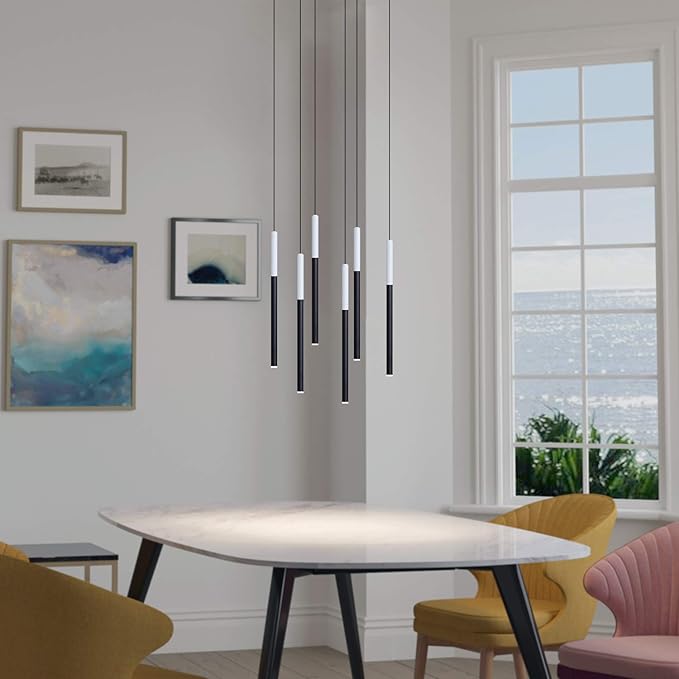 ALTAIR 6 Mini Pendant Lighting White-Black - LED Hanging Light Fixture for Kitchen Island, Bar, Foyer - Cluster Pendants - Dimmable, Adjustable Wire, Lamp Bulb Included