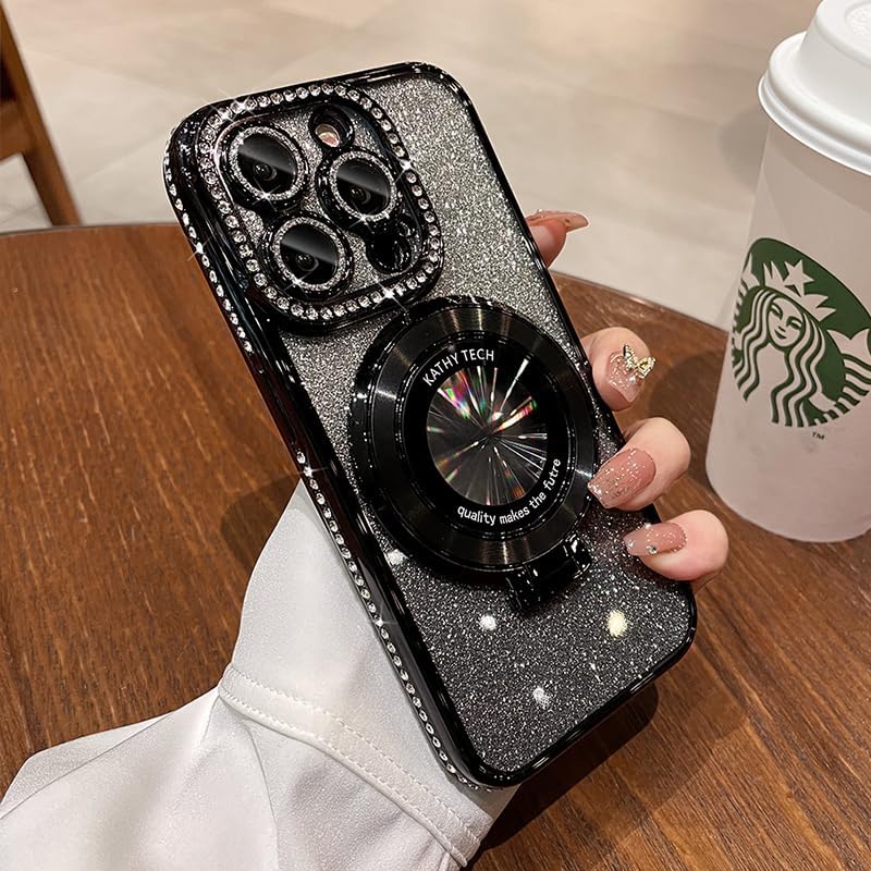 Magnetic Kickstand (Glitter Lens Protector ) Case for IPhone 15 14 13 12 Pro Max (Compatible with Magsafe ) Sparkling Diamond Cover Glitter Shiny Rhinestone Cases (Black,for iPhone 13)