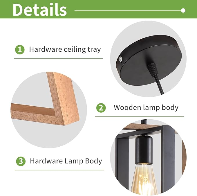 2 Pack Farmhouse Pendant Light Fixture, Black Kitchen Island Pendant Lights, Industrial Metal and Vintage Wood Hanging Light, Adjustable Height Rustic Ceiling Lamp for Entryway, Dining Room, Foyer