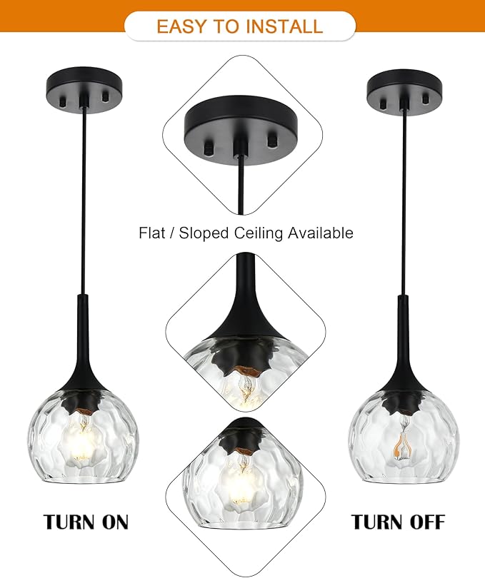 VINLUZ 2 Pack Classic Pendant Light with Round Ribbed Glass Shade, Ceiling Hanging Kitchen Island Chandelier in Black Metal Finish for Dining Room
