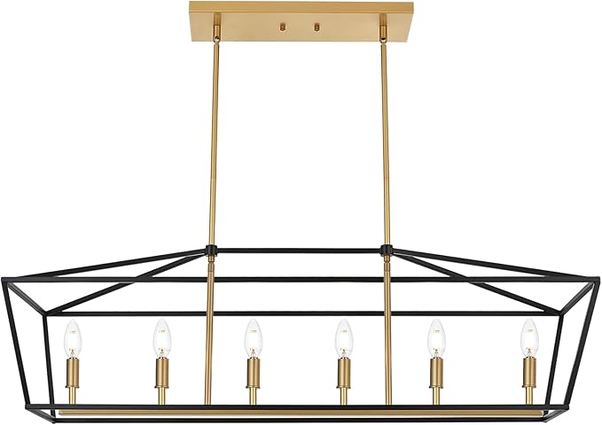 6-Lights Farmhouse Dining Room Chandelier, Rectangle Candle Pendant Lighting in Black Gold Finish, Kitchen Island Lighting for Living Room Restaurant