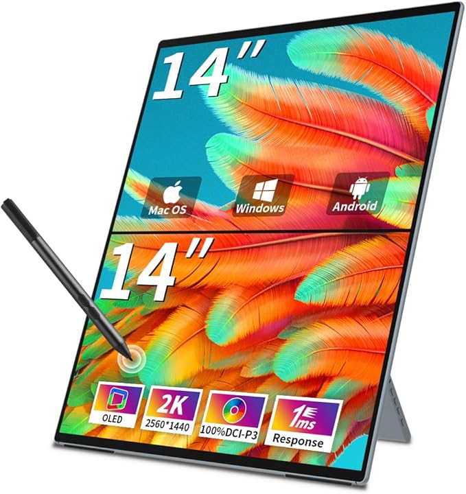 Dual Monitor 14 Inch 2K OLED,Portable Touch Monitor for Laptop Extender| 2K |100% DCI P3|Plug-Play|Stand- VESA| |Slim-Frameless| Computer Triple Display Laptop PC Windows Mac