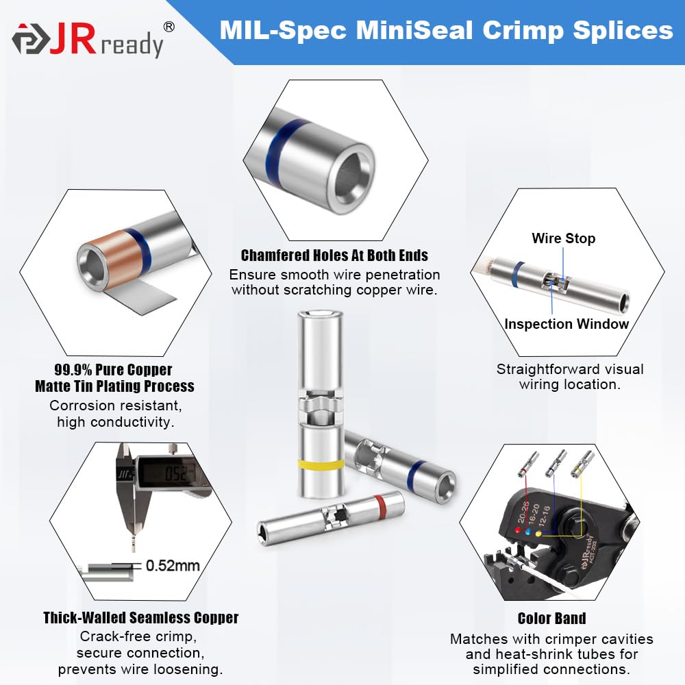 JRready ST6488-12-100 M81824/1 Series Waterproof Heat-Shrinkable Splice Kit 100Sets Butt Crimp Splices16-12AWG with PVDF Tubes Butt Splice Connectors with ACT-232 Crimp Tool G411 Go-No Go Gauge