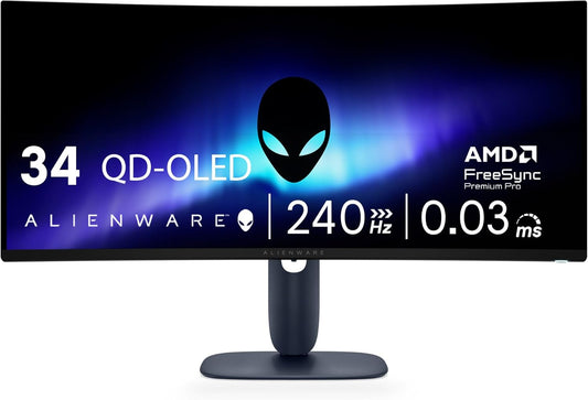 Alienware 34 240Hz QD-OLED Curved Gaming Monitor - AW3425DW - 34.2-inch WQHD (3440 x 1440) 240Hz 0.03ms Display, 1800R Curve, AMD FreeSync Premium Pro, VESA AdaptiveSync, VESA DisplayHDR TrueBlack 400