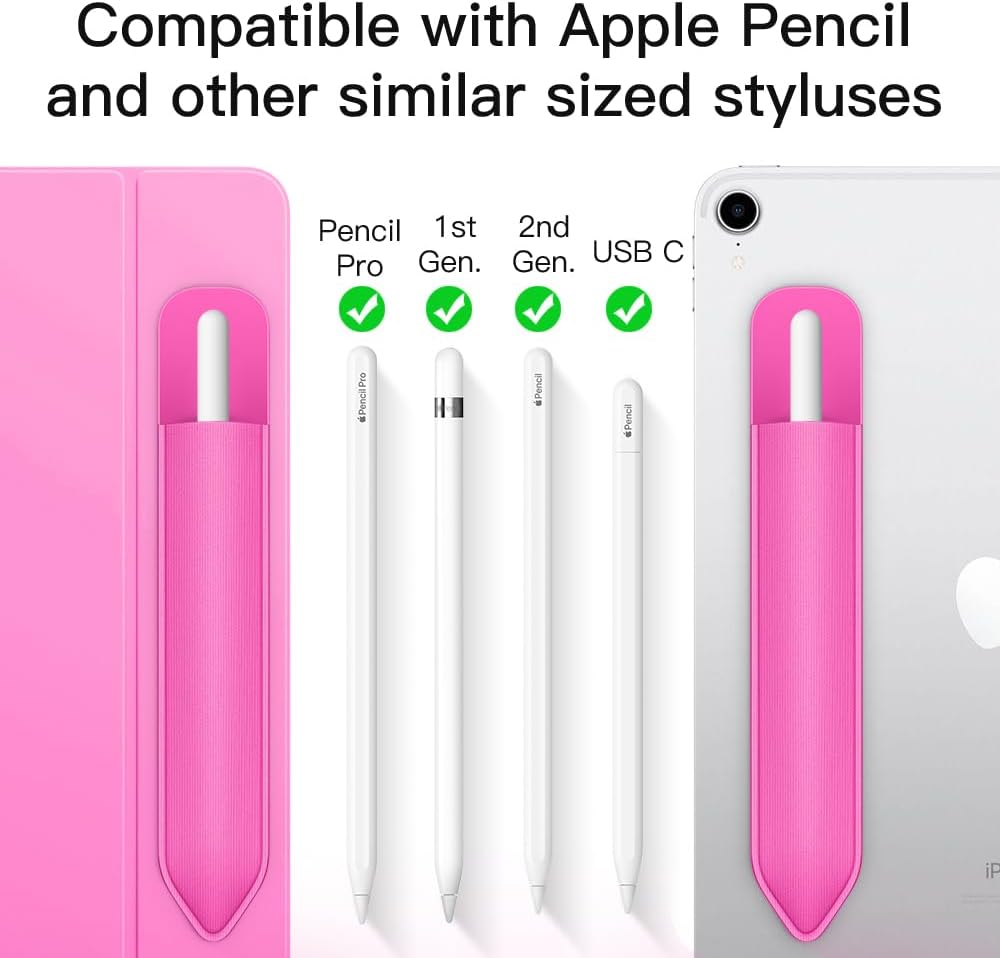 MoKo Pencil Holder Sticker Fit Apple Pencil Pro, Apple Pencil (USB-C), Apple Pencil 1st/2nd Generation, Elastic Pencil Pocket Pouch Adhesive Sleeve Attached to iPad Case for Stylus Pens, Persian Pink