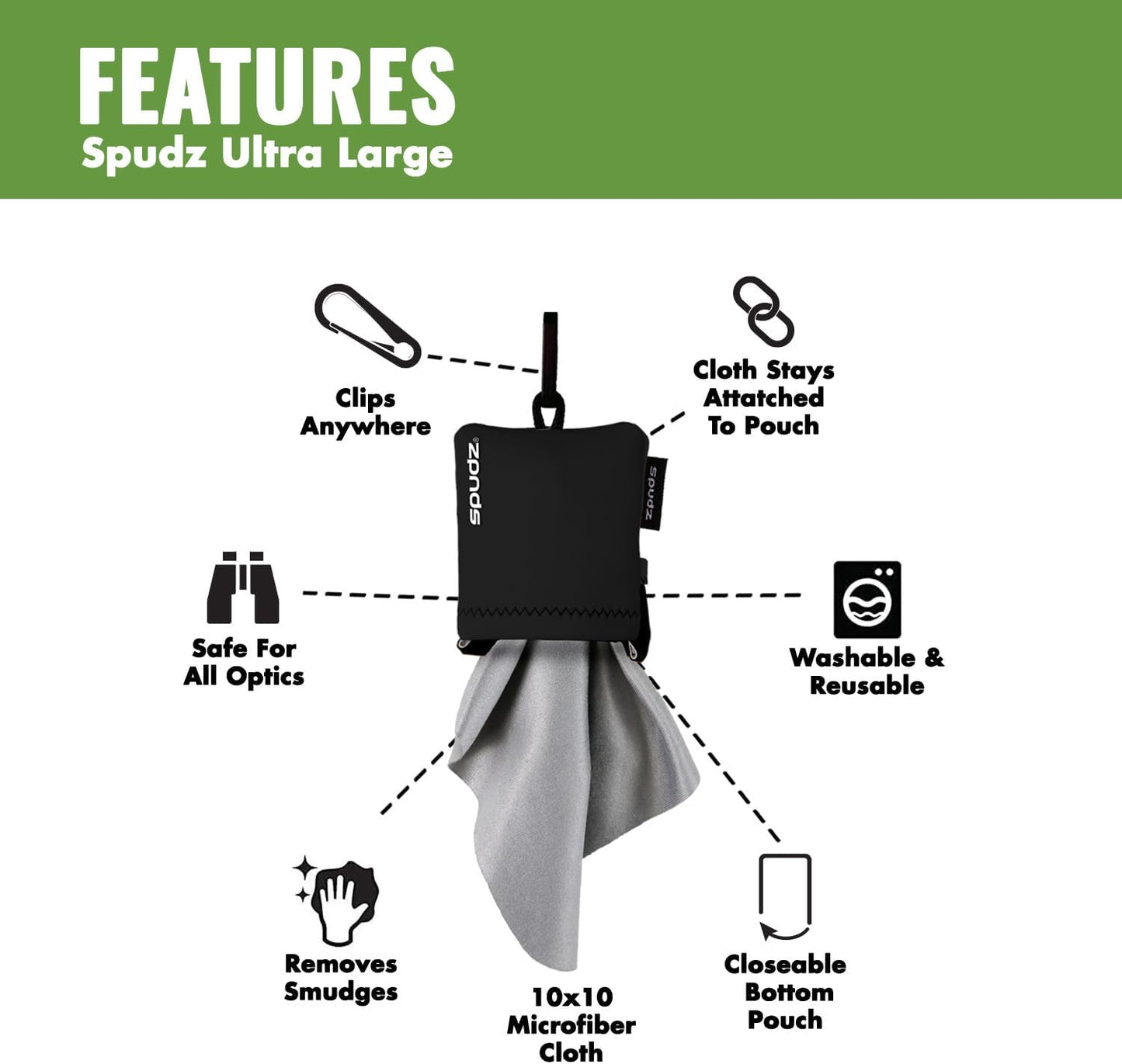 SPUDZ Ultra Microfiber Lens Cleaner – Closable Pouch, Clip-On, Washable – for Optics, Scopes, Glasses | Vanish Tan, 10 x 10 Inch