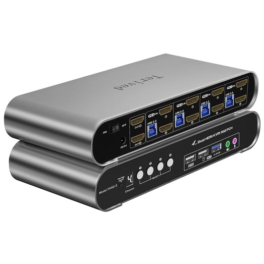 4 Computers 2 Monitors USB 3.0 HDMI KVM Switch 4K@60Hz with Hotkey Switching, Automatic Switching 4 Port Dual Monitor, Aluminum, Digital Display, USB 3.0 Audio/Mic, EDID, HDR10 with Cables