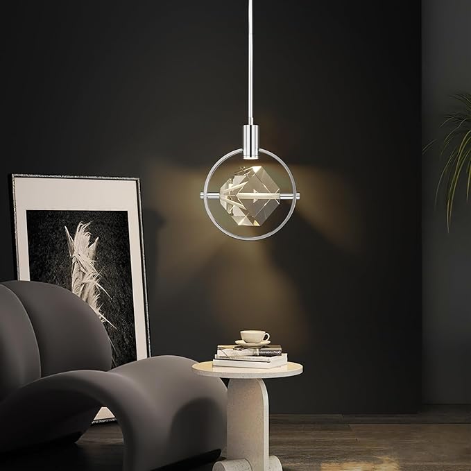 Modern Crystal Pendant Light in Chrome Mini Dimmable Integrated LED Light Fixtures Metal Rod Ceiling Chrome Chandelier for Kitchen Island Bedroom Dining Room Bar(1-Lights)