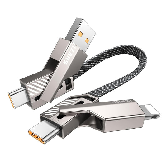 4-in-1 0.6FT Ultra Short USB C Cable Compatible with Lightning Cable [Fast Charging&Data Transfer] Flat Braided for iPhone iPad Charger Cord, Portable Multi Charger Cord Combo for Power Bank