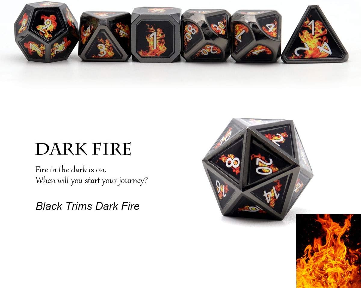 Haxtec Fire Bolt Real Scene Metal DND Dice Set Black Polyhedral Metal Dice for D&D Compatible with Dungeons and Dragons Gifts TTRPG Games-Dark Fire