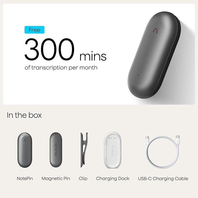Plaud NotePin Voice Recorder, AI Voice Recorder, App Control, AI Notetaker, AI Transcribe & Summarize, Support 112 Languages, 64GB Memory, Audio Recorder for Lectures, Meetings, Cosmic Gray
