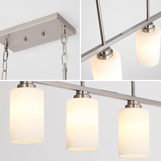 Island Light for Kitchen, Brushed Nickel Dining Room Light Fixture Over Table with Milk Glass Shade, 4-Light Linear Chandelier Pendant Lighting for Dining Table Kitchen Island Living Room