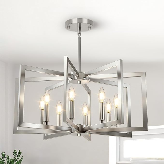 8-Light Brushed Nickel Chandelier, Farmhouse Dining Room Light Fixture, Modern Chandelier, Geometric Industrial Metal Hang Lighting Fixture for Foyer Entryway Kitchen Over Table Hallway Living Room