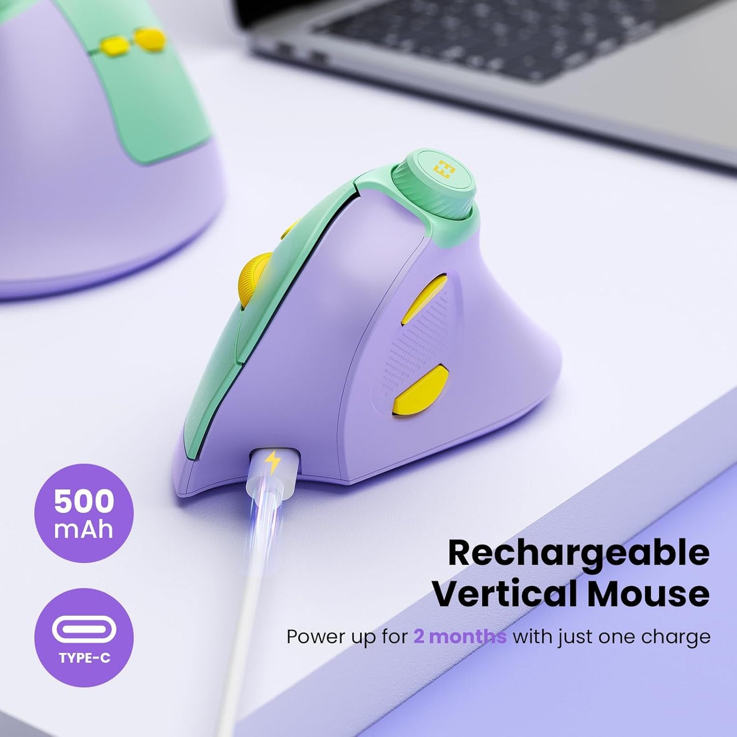 seenda Ergonomic Mouse Rechargeable, USB+Dual Bluetooth, MOU-302 Vertical Wireless Mouse with Volume Knob, Quiet Clicks, Multi-Device Cordless Mice Compatible for Windows, PC, Laptop, Mac OS, Purple