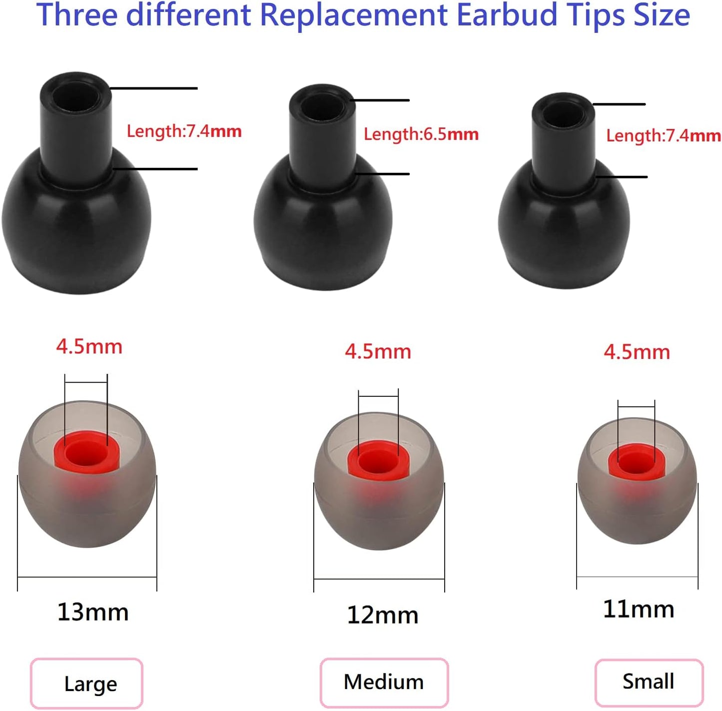 Earbud Tips Soft and Comfortable Silicone Ear Bud Replacement Pieces Fit Most in-Ear Headphones，Inner Hole 3.8mm -5.5mm，18 Pairs Black and Red S/M/L Replacement Earbud Tips