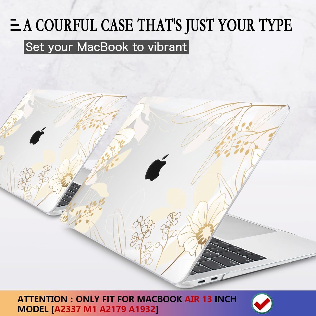 CISSOOK for MacBook Air 13 inch Case 2021 2020 2019 2018 Release Model A2337 A2179 A1932 with Retina Display +Touch ID, Plastic Hard Shell Case + Keyboard Cover for MacBook Air 13 M1, Golden Flowers