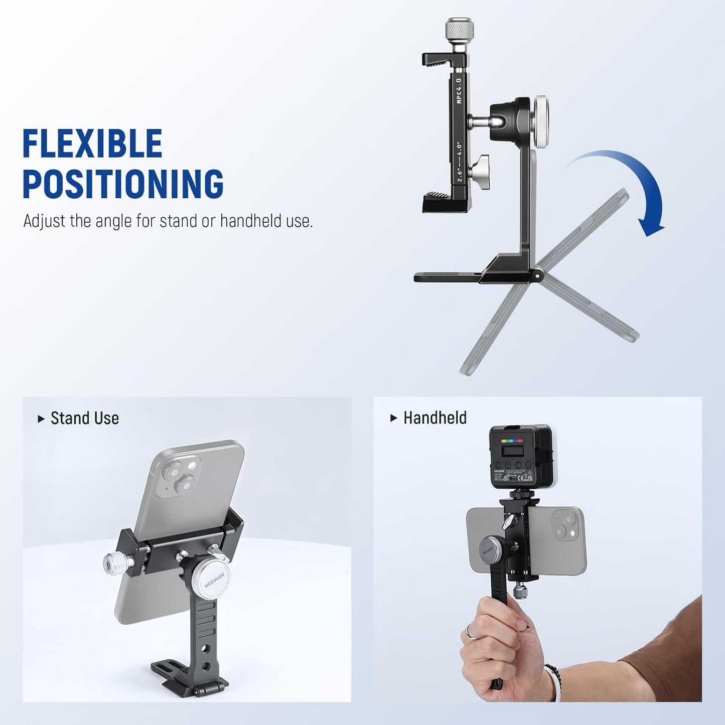 NEEWER Smartphone Tripod Mount Aluminum Alloy, 360° Rotatable Phone Stand Holder Clamp with Cold Shoe and Arca Base Compatible with iPhone 15 Pro Max Galaxy S24 Ultra Pixel & 2.6"-4" Wide Smartphones