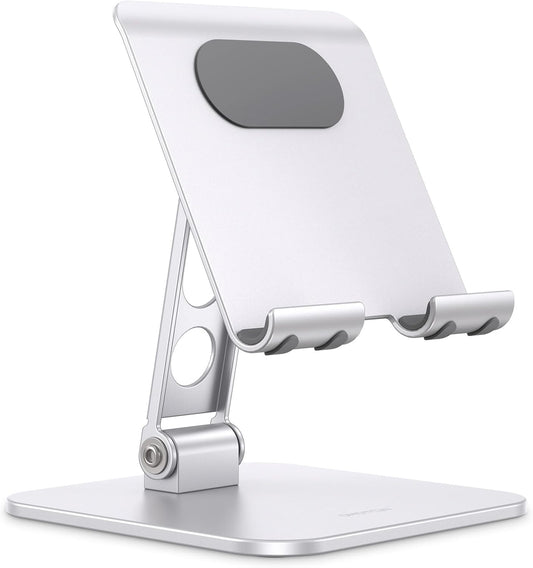 OMOTON Upgraded Adjustable Tablet Stand Holder, Heavy Duty Foldable Portable Monitor Stand, Travel Essentials for iPad Pro/Air/Mini, Surface Pro, Portable Monitor 4.7''-15.6', Silver