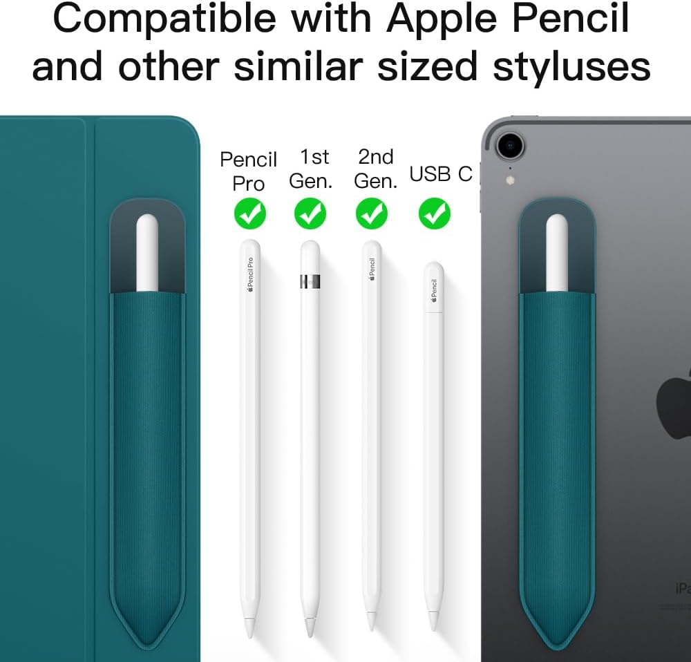 MoKo Pencil Holder Sticker Fit Apple Pencil Pro, Apple Pencil (USB-C), Apple Pencil 1st/2nd Generation, Elastic Pencil Pocket Pouch Adhesive Sleeve Attached to iPad Case for Stylus Pens,Midnight Green