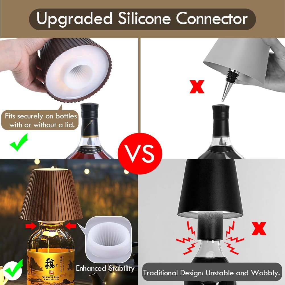 WILIT Wireless Bottle Lamp, 3-Level Brightness Rechargeable Cordless Table Lamp Shades, Night Light, Battery Operated Lamp for Bedroom, Bar Decorations for Home, Gifts for Mom Dad