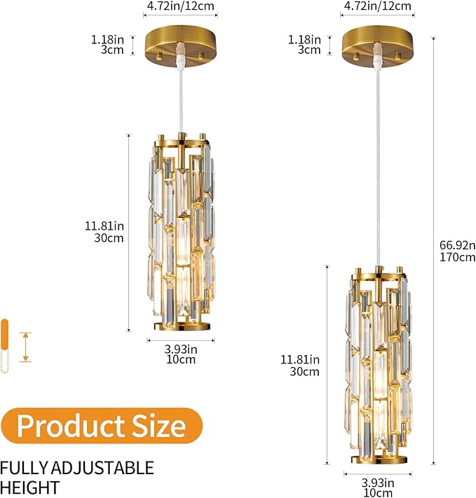 LMQNINE Pendant Lighting Modern Pendant Light, Mini Crystal Chandeliers,Adjustable Pendant Light Fixture for Kitchen Island Dinning Room Bedroom (Gold, 1-Light)