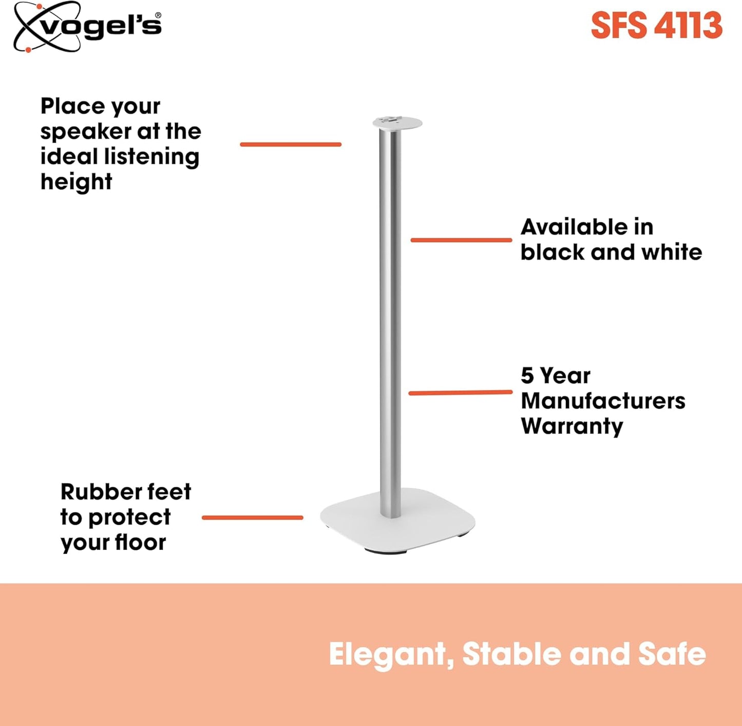 Vogel's SFS 4113 Speaker Floor Stand for Sonos ERA 100, Cable Inlay System, Height: 32,3 inch (82 cm), Exceptionally Stable, White, 1 Floor Stand