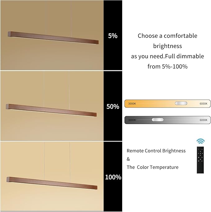 39" Wood Linear Pendant Light Modern LED Dimmable Ceiling Hanging Light Fixture Wood Linear Chandeliers 24w for Dining Room Kitchen Island Pool Table Bar Walnut Color (with Remote Control)
