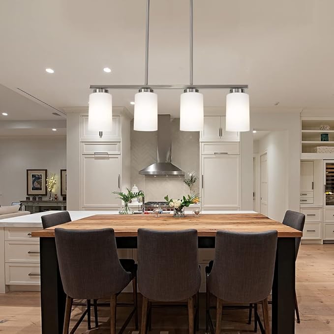 TODOLUZ Brushed Nickel Kitchen Island Light, Farmhouse Pendant Light Fixtures with Opal White Glass Shades Modern Linear Ceiling Hanging Light for Living Room