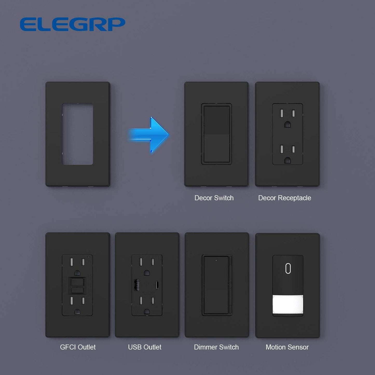 ELEGRP Matte Black 1-Gang Screwless Decorative Wall Plates, Standard Size Unbreakable Thermoplastic Faceplate Cover for Decorator Receptacle Outlet Switch, UL Listed (20 Pack)