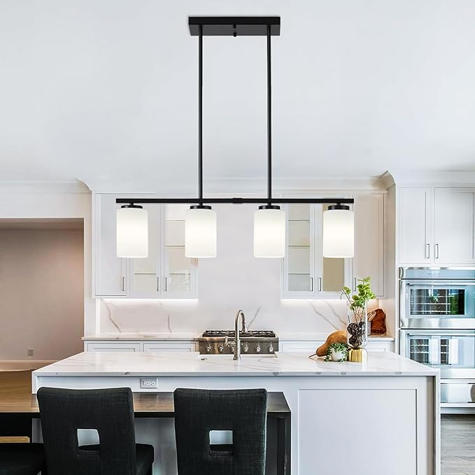 4-Light Modern Island Lights for Kitchen, Black Dining Room Light Fixtures Farmhouse Linear Chandeliers Over Table, White Frosted Glass Adjustable Hanging Light Kitchen Pendant Lighting Over Island