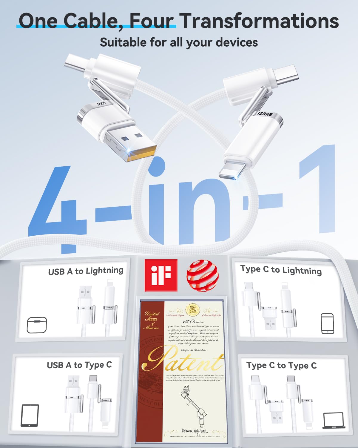 SHEZI 4-in-1 USB C Cable Compatible With Lightning Cable 60W Fast Charging & Data Transfer, Support to CarPlay & Android Auto, 5FT Travel Multi Cord Charger Combo for iPhone/iPad/Samsung/MacBook Cable