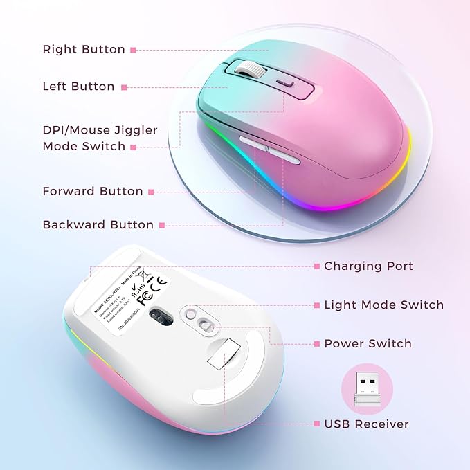 PEIOUS Wireless Mouse Jiggler - LED Wireless Mice with Build-in Mouse Jiggler Mover, Rechargeable Moving Mouse for Computer with Undetectable Random Movement Keeps Computer Awake - Gradient Pink