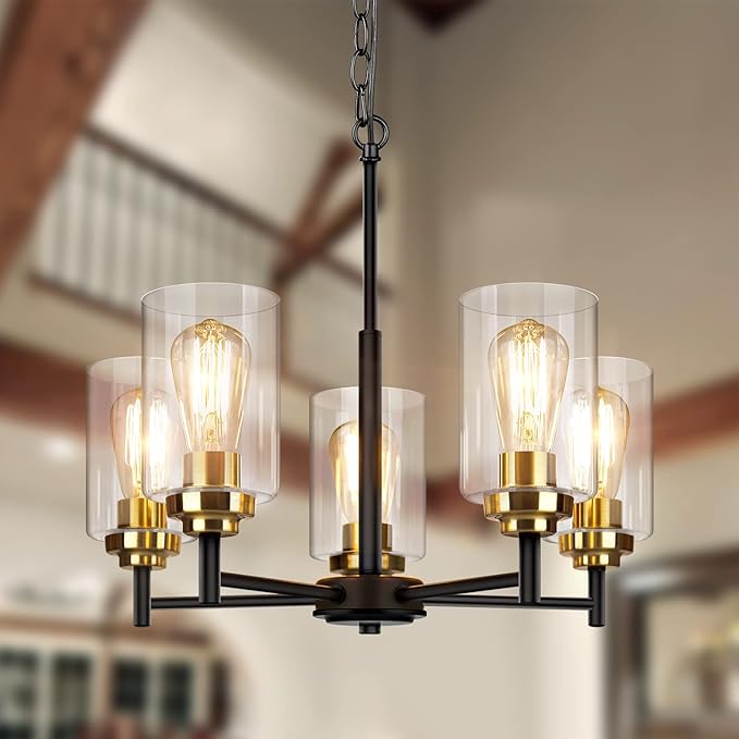 Sucolite 19.8'' 5-Light Chandelier for Dining Room Kitchen Island, Modern Farmhouse Pendant Lighting with Glass Shades Industrial Black Hanging Ceiling Light Fixture for Living Room, Height Adjustable
