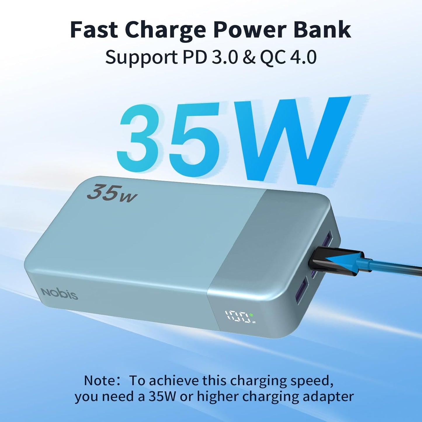 NOBIS Portable Charger, 20000mAh Power Bank, 35W Power Bank Fast Charging, Battery Pack with C to C Cable, Battery Bank with Digital Display for Phone Android etc