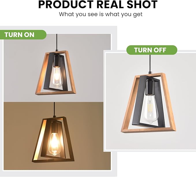 3 Pack Kitchen Island Pendant Lights, Black Industrial Metal and Vintage Wood Hanging Light, Mini Farmhouse Chandelier, Adjustable Height Rustic Ceiling Lamp for Entryway, Dining Room, Foyer